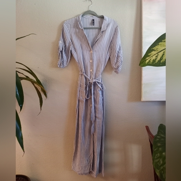 Zara TRF Casual Striped Button Down Belted Classic Shirt Dress w Front Pockets - Picture 2 of 7